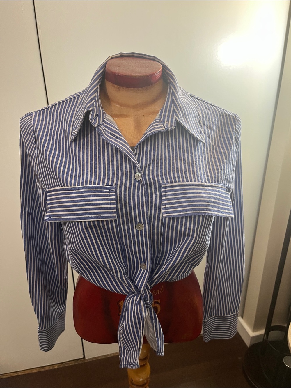 Zara Navy and White Vertical Stripe Tie-Front Shirt